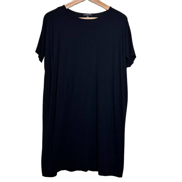 Eileen Fisher Black Lightweight Viscose Crew Neck Tee Side Pockets‎ Short Sleeve - Picture 1 of 7